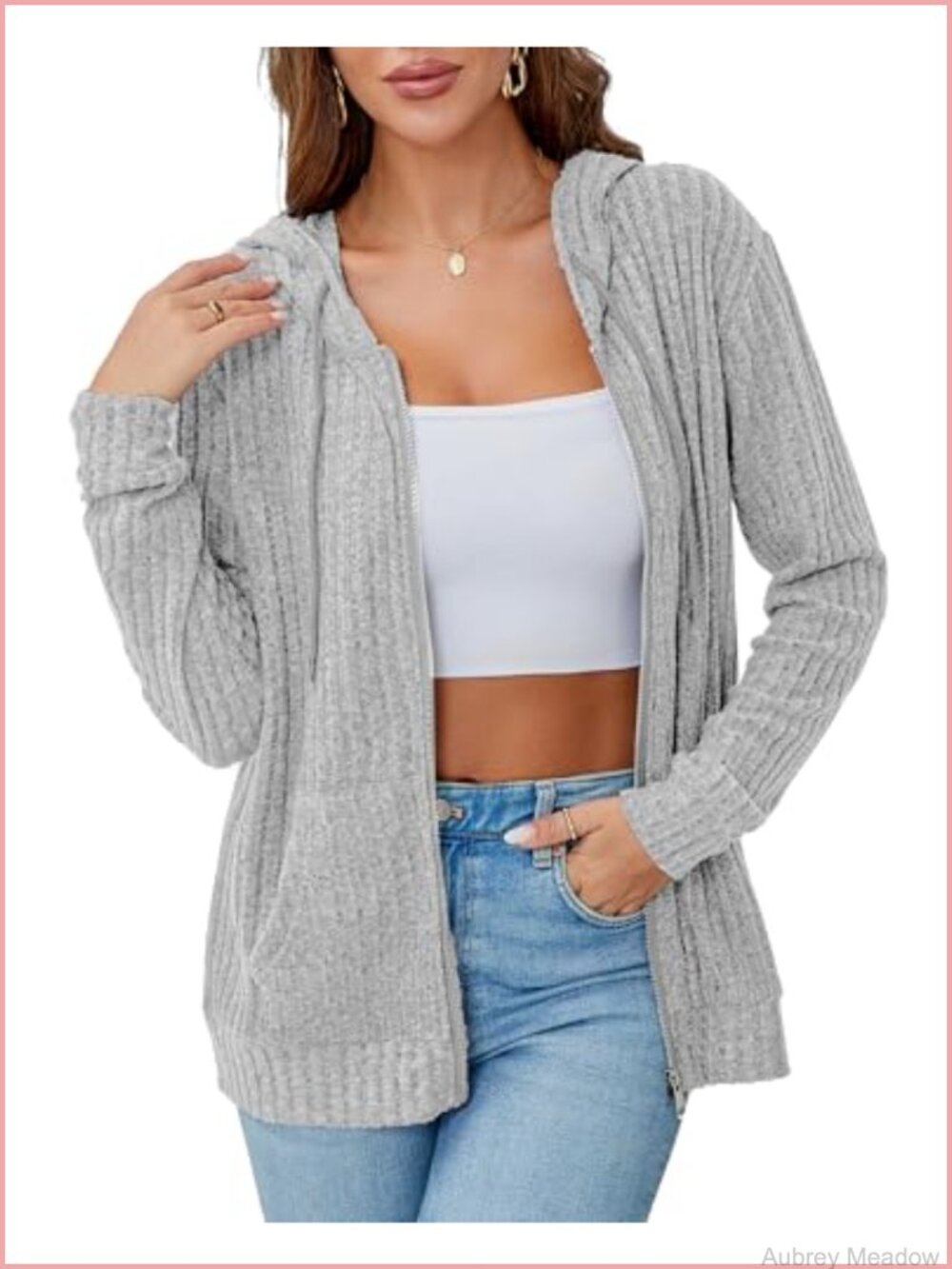 Lightweight Zip Up Hoodie Oversized Sweatshirt Kangaroo Pocket Women
